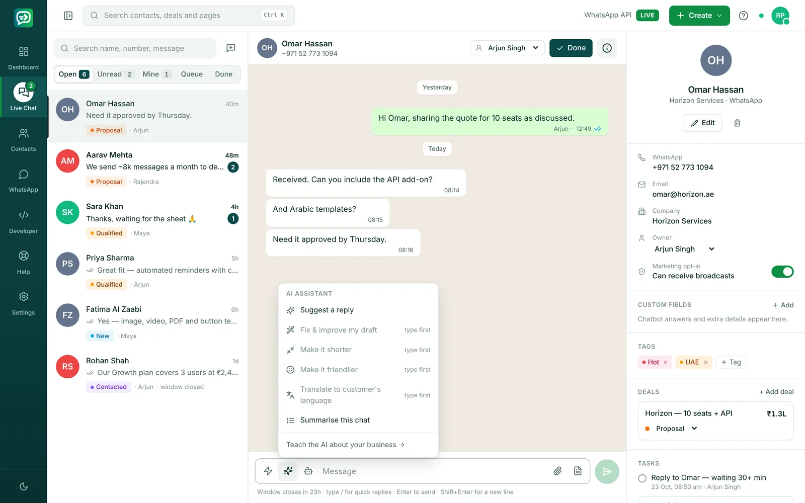 Features: Shared WhatsApp Inbox, Chatbots, Broadcasts & CRM | RelayDesk