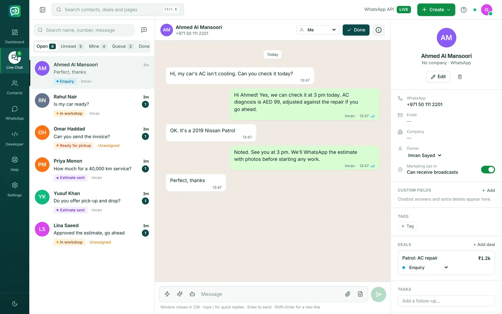 RelayDesk Live Chat for automotive & workshops: TorqueFix Auto Care replying to a customer on WhatsApp