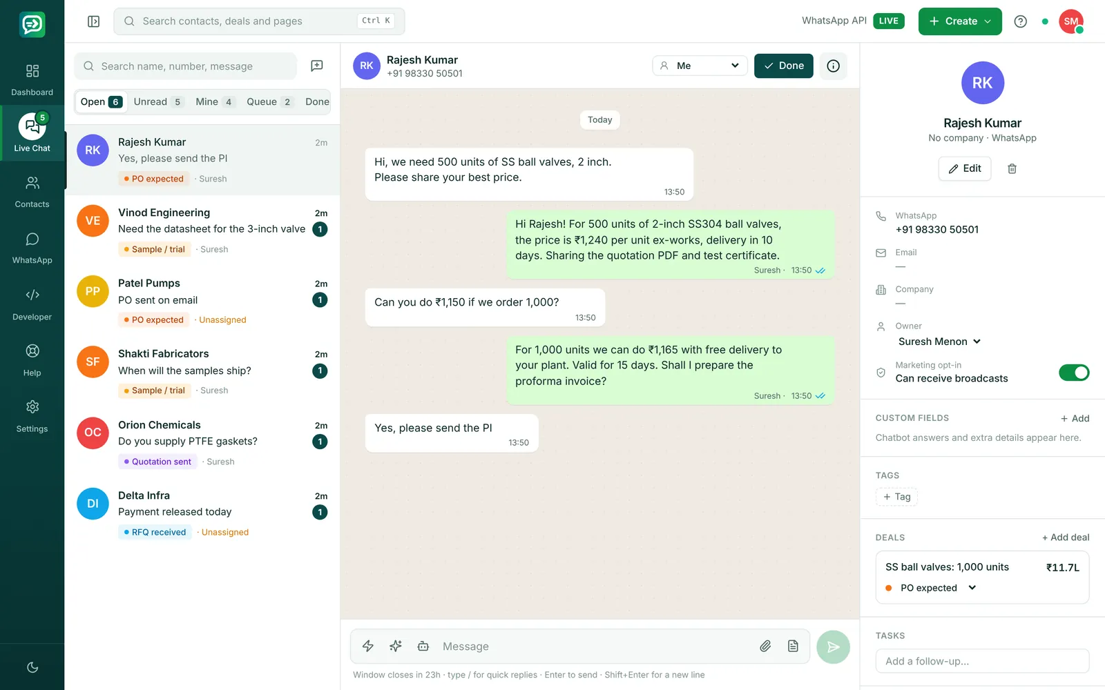 RelayDesk Live Chat for manufacturing & b2b: Apex Industrial Supplies replying to a customer on WhatsApp