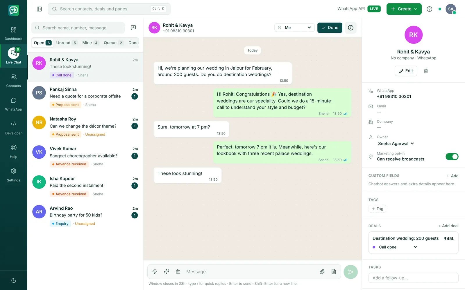 RelayDesk Live Chat for events & weddings: Marigold Events replying to a customer on WhatsApp