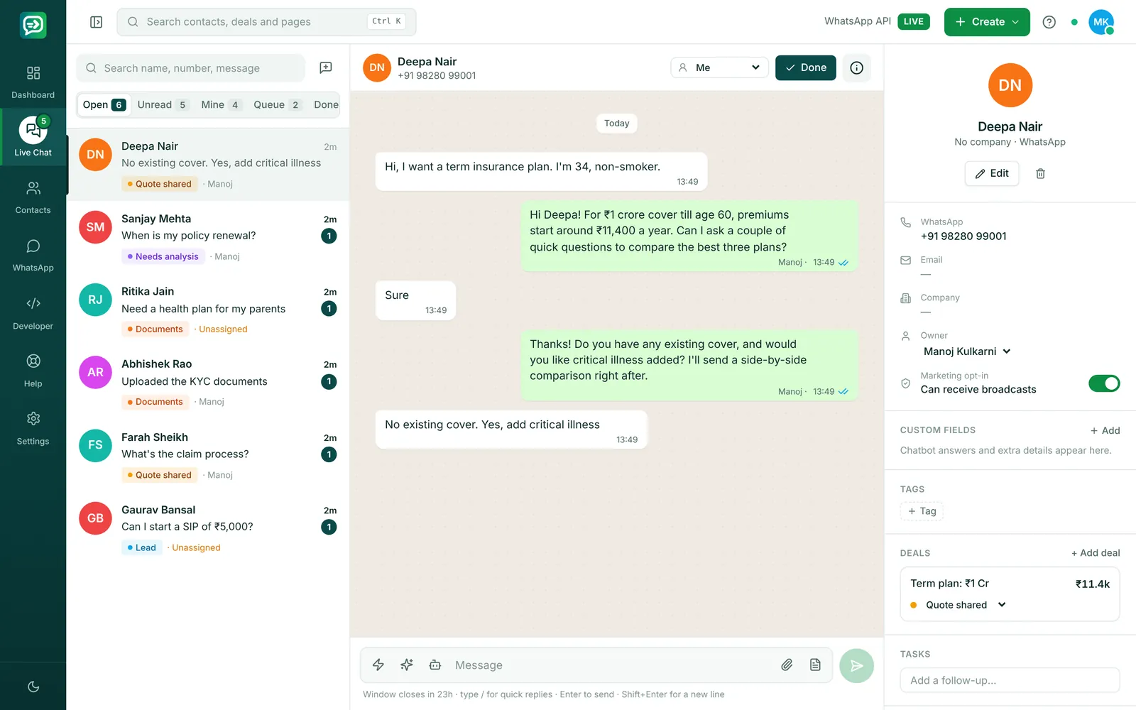 RelayDesk Live Chat for insurance & financial services: SecureNest Advisors replying to a customer on WhatsApp
