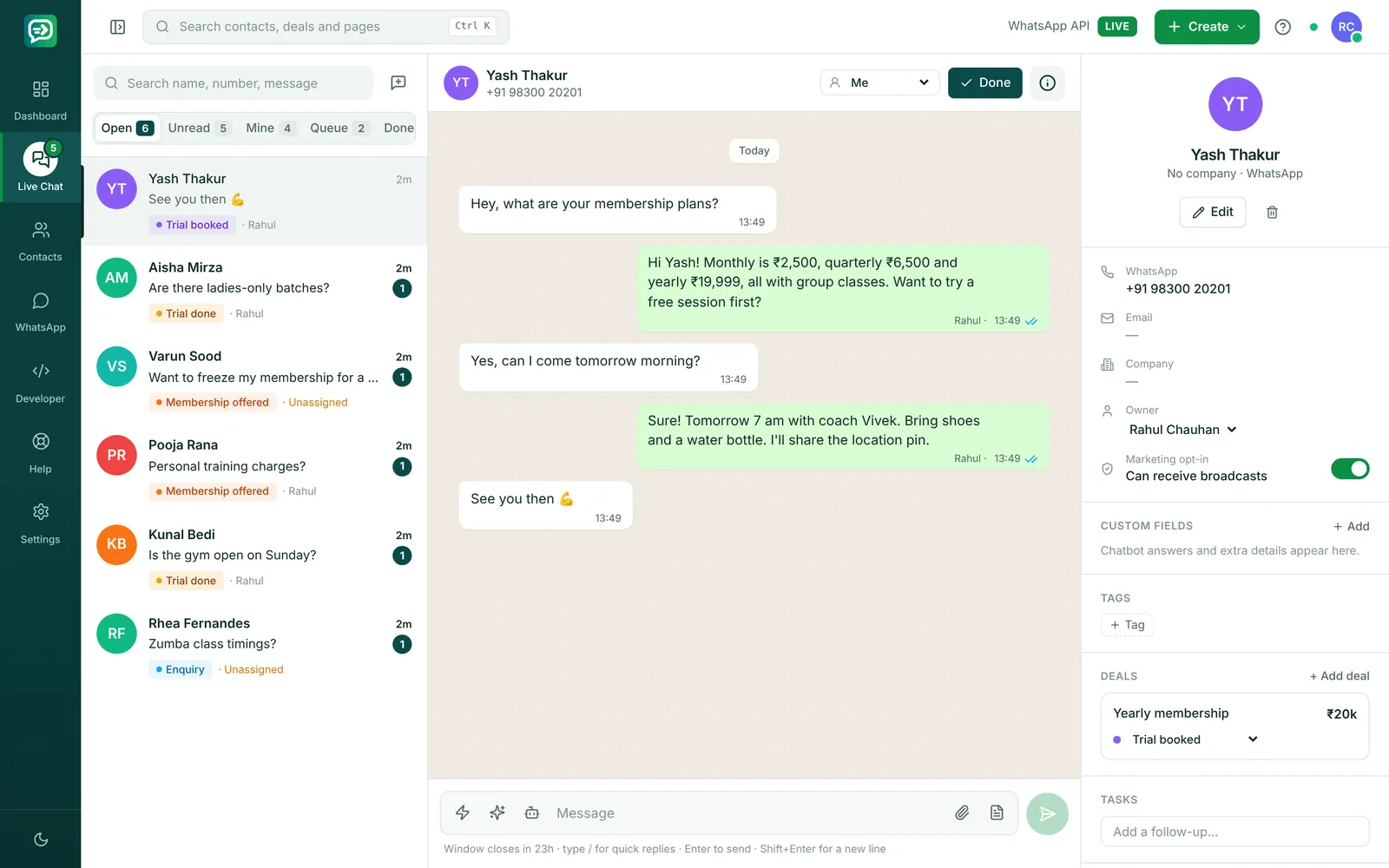 RelayDesk Live Chat for gyms & fitness studios: IronPulse Fitness replying to a customer on WhatsApp