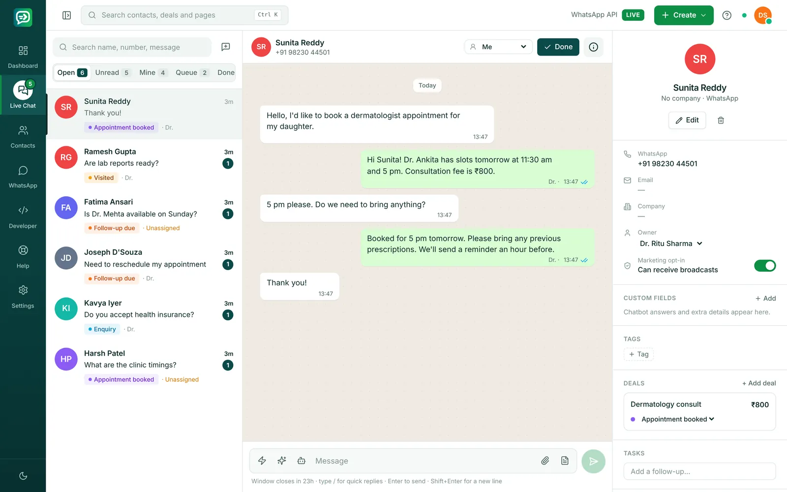 RelayDesk Live Chat for clinics & healthcare: CareWell Clinic replying to a customer on WhatsApp