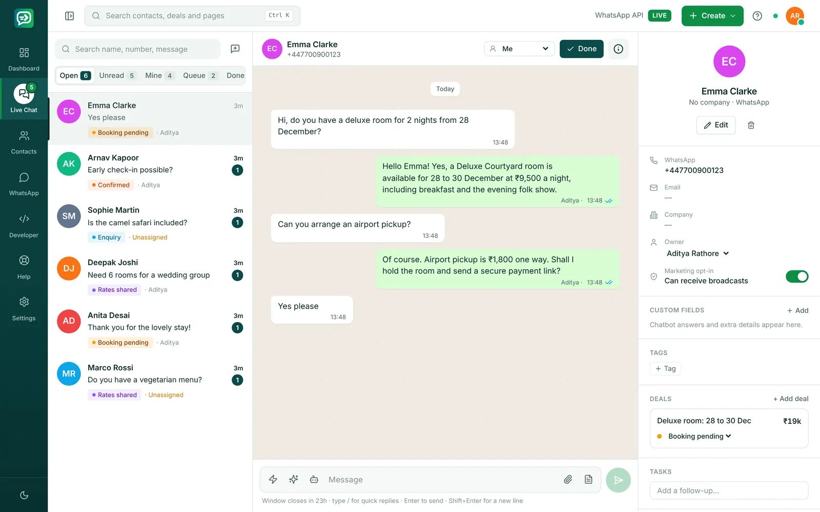 RelayDesk Live Chat for hotels & resorts: Desert Pearl Resort replying to a customer on WhatsApp