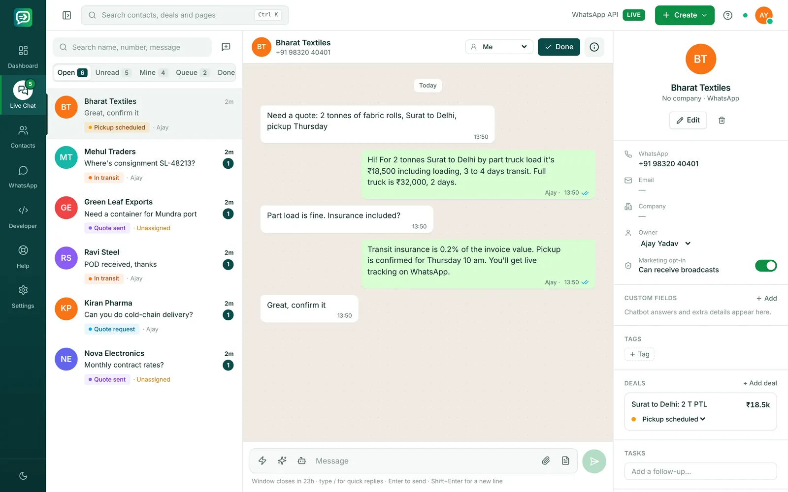 RelayDesk Live Chat for logistics & courier: SwiftLine Logistics replying to a customer on WhatsApp