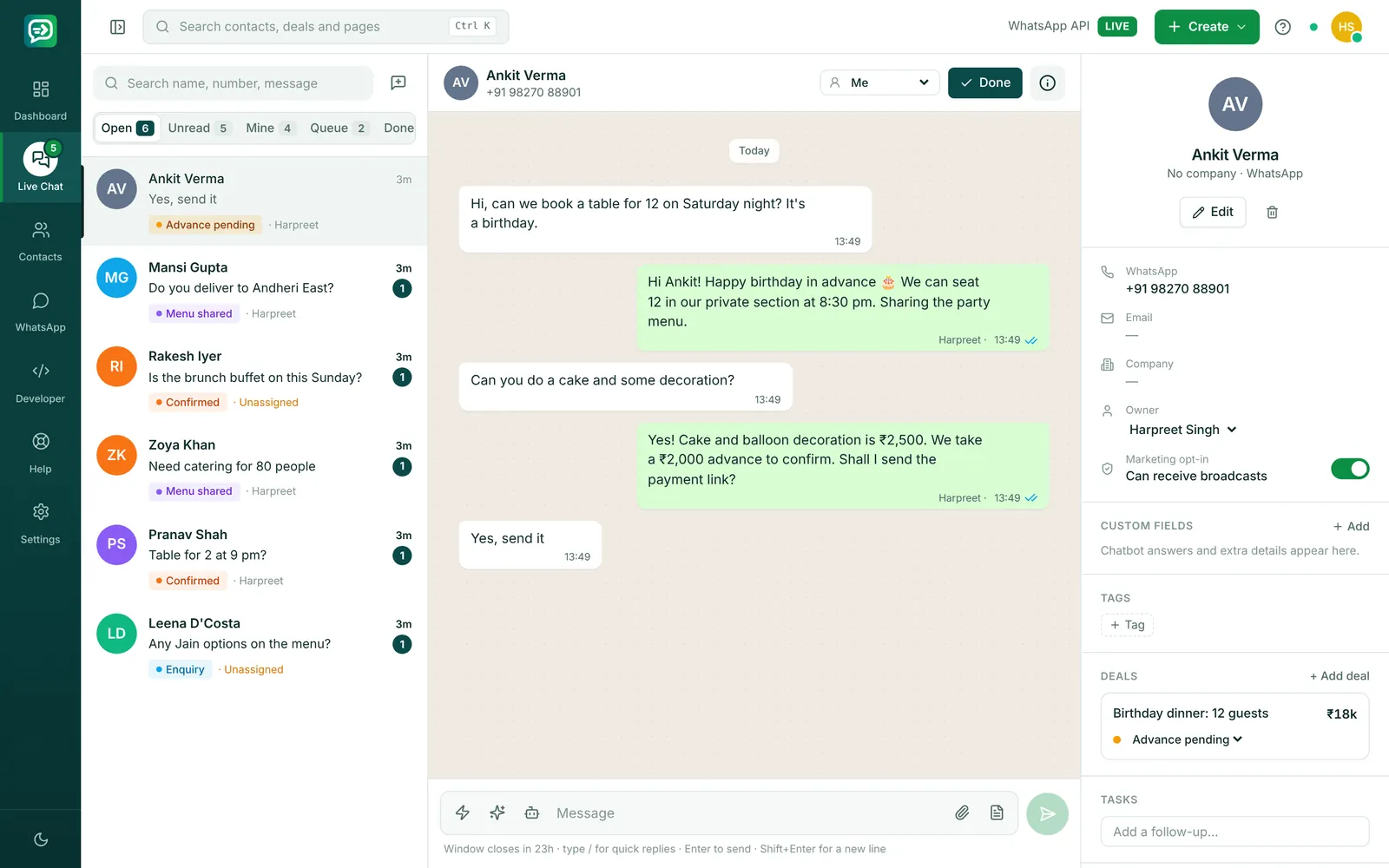 RelayDesk Live Chat for restaurants & cafés: Spice Trail Kitchen replying to a customer on WhatsApp